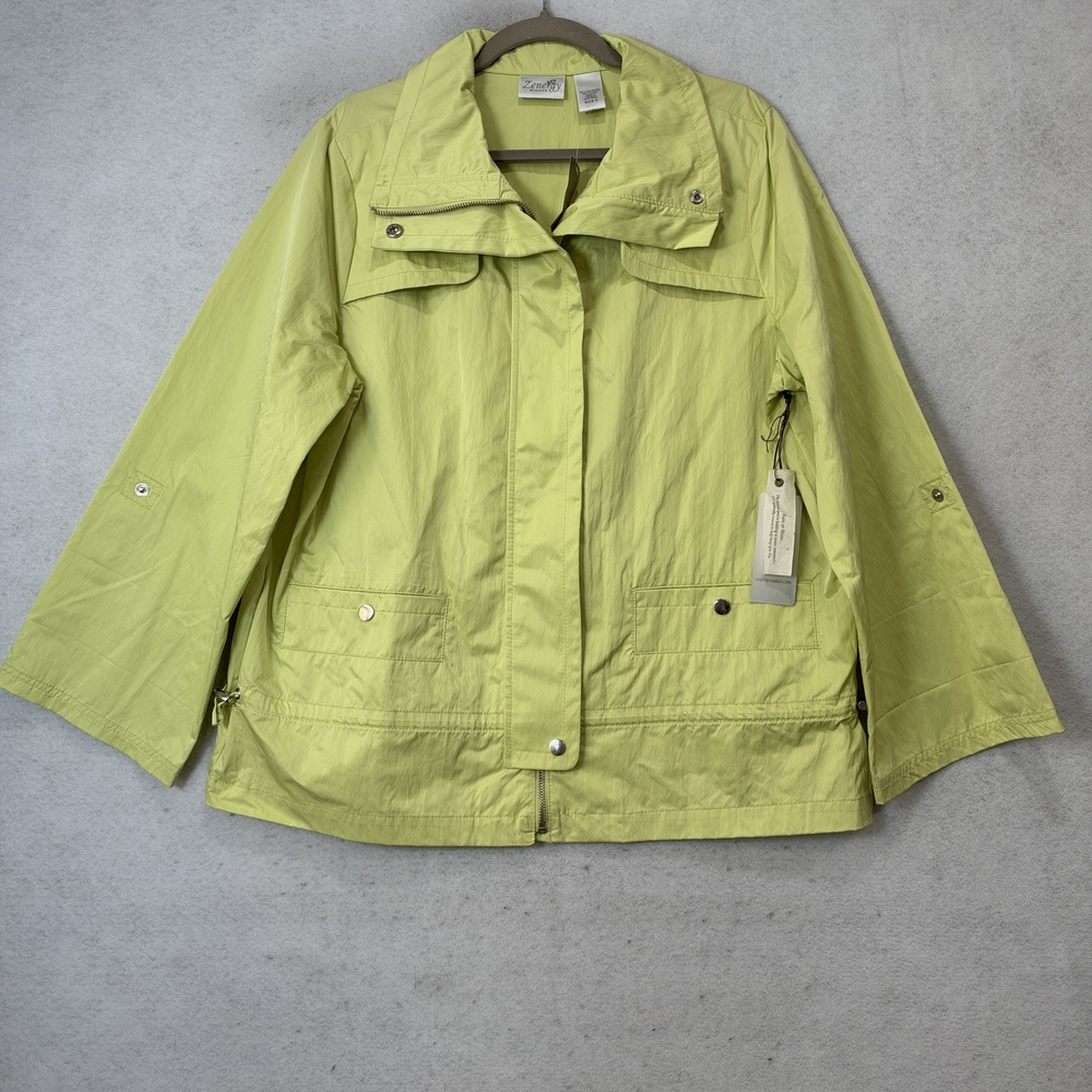 Chico's Jacket Womens 2 Green Lightweight Hooded Zip Pockets 3/4 Sleeve Travel